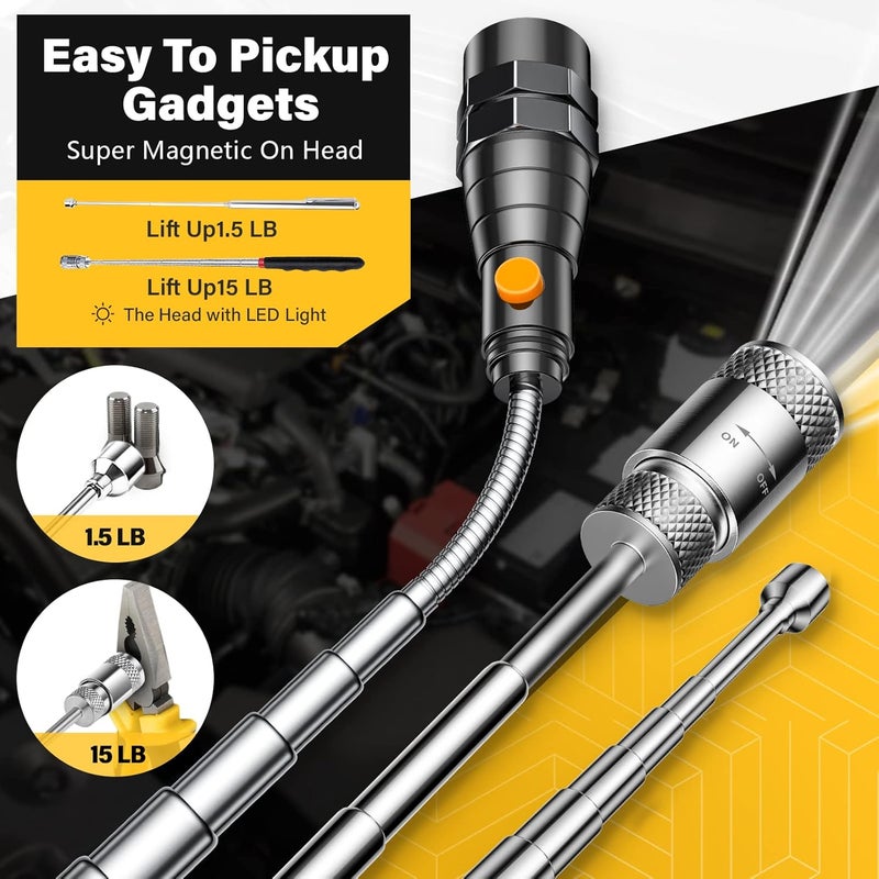 DREAM MASTER Magnetic Pickup Tool Set with 15lb&1lb Pick Up Rod, Round□ 360 Swivel Adjustable Inspection Mirror, Telescoping Flexible Flashlight, Christmas Gifts Stocking Stuffers For Men, Dad, Husband - Image 4