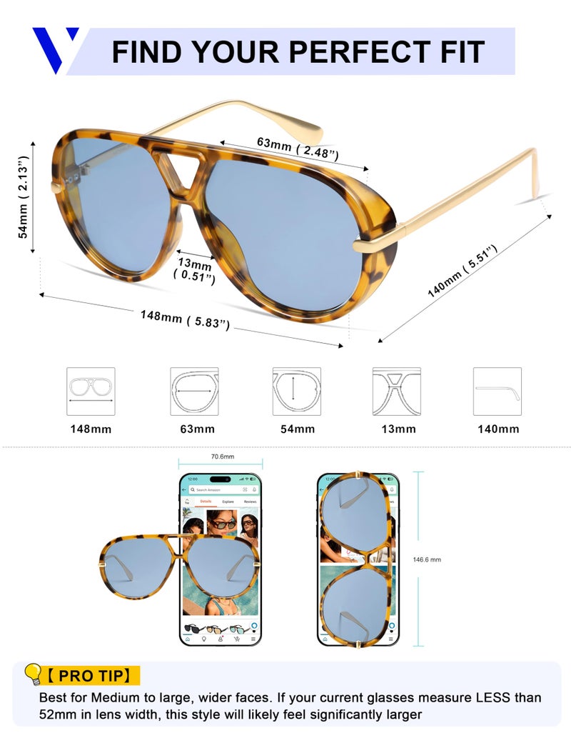 VANLINKER Trendy Polarized Aviator Sunglasses for Women Men Retro Oversized Round Sunglasses Vintage Side Shield Shades VL9798, Tortoise/Blue - Image 5