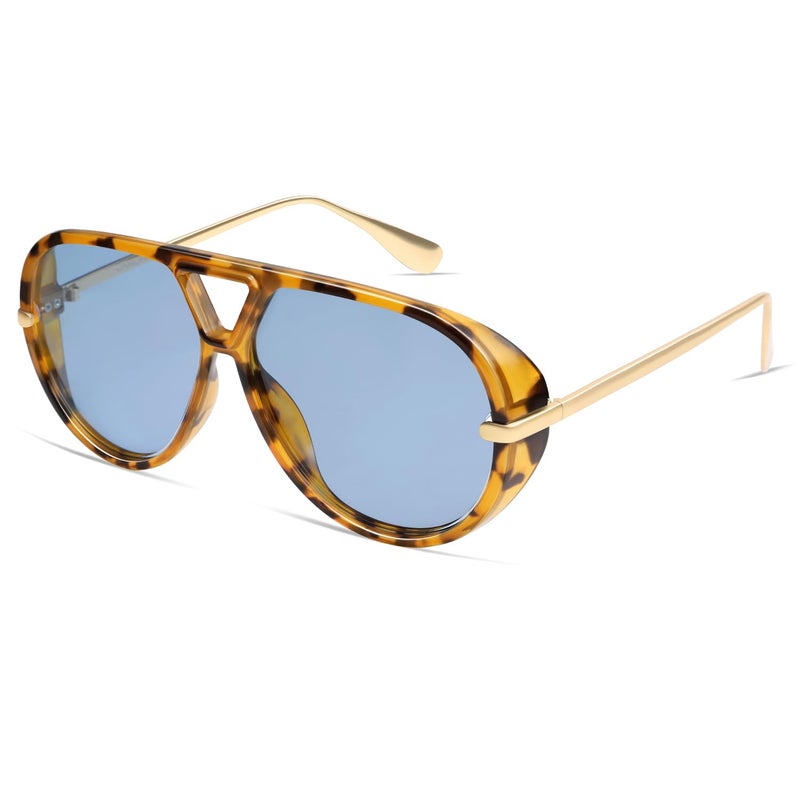 VANLINKER Trendy Polarized Aviator Sunglasses for Women Men Retro Oversized Round Sunglasses Vintage Side Shield Shades VL9798, Tortoise/Blue - Image 3