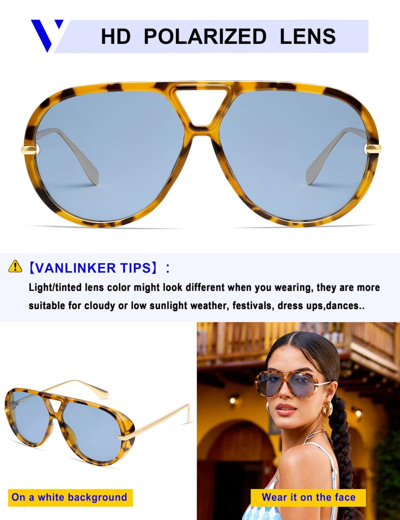 VANLINKER Trendy Polarized Aviator Sunglasses for Women Men Retro Oversized Round Sunglasses Vintage Side Shield Shades VL9798, Tortoise/Blue - Image 4