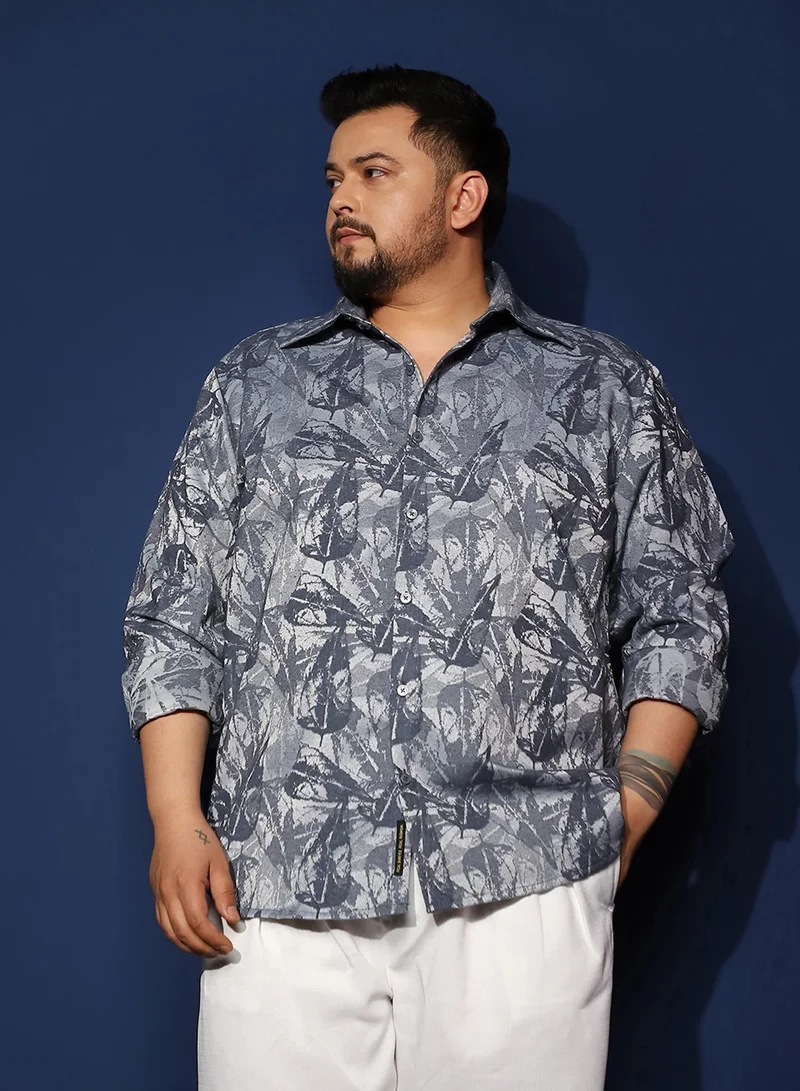 انستافاب بلس Men's Indigo Blue Willow-Foliage Imprint Shirt For Casual Wear | Spread Collar | Long Cuffed Sleeves | Button Closure | Plus Size Shirt Crafted With Comfort Fit For Everyday Wear