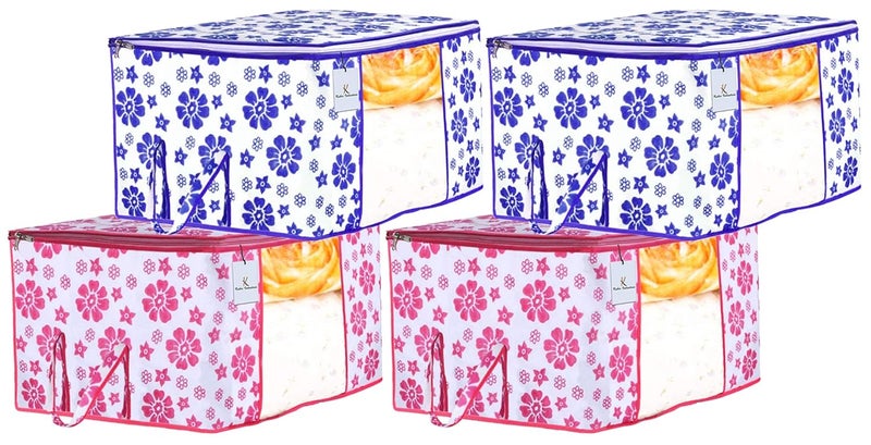 Kuber Industries Flower Design 4 Piece Non Woven Fabric Underbed Storage BagCloth OrganiserBlanket Cover with Transparent Window Pink Blue CTKTC41091 - Image 1