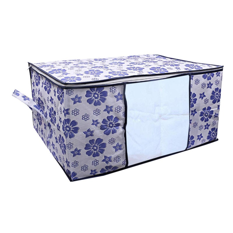 Kuber Industries Flower Design 4 Piece Non Woven Fabric Underbed Storage BagCloth OrganiserBlanket Cover with Transparent Window Pink Blue CTKTC41091 - Image 2