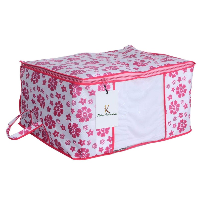 Kuber Industries Flower Design 4 Piece Non Woven Fabric Underbed Storage BagCloth OrganiserBlanket Cover with Transparent Window Pink Blue CTKTC41091 - Image 4