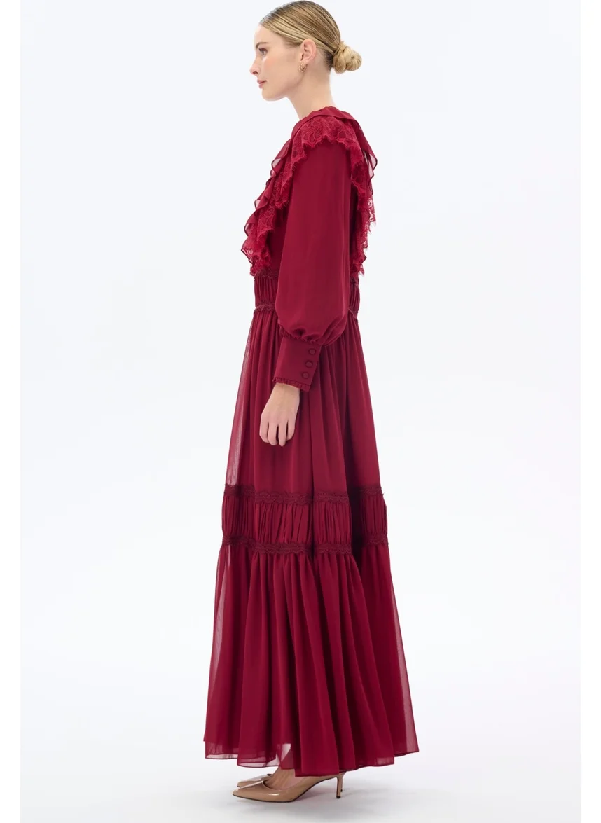 Miha Burgundy Dress with Gathered Stripe Detail