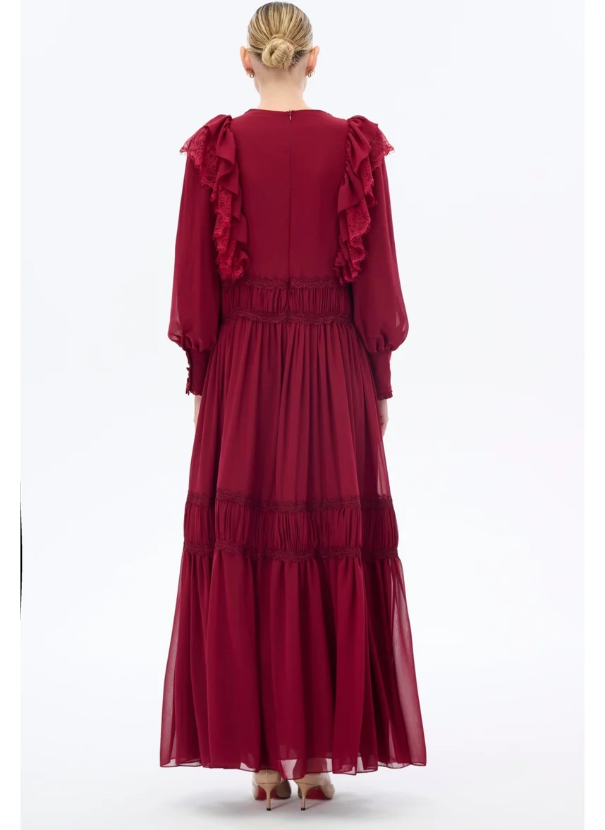 Miha Burgundy Dress with Gathered Stripe Detail