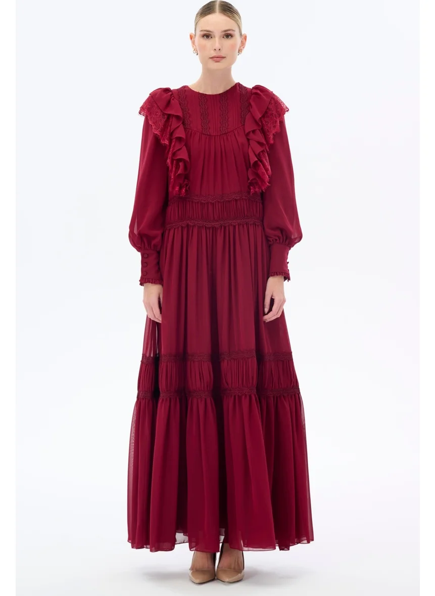 Miha Burgundy Dress with Gathered Stripe Detail