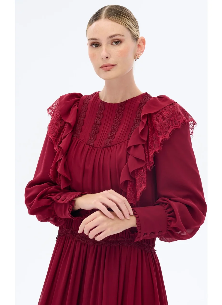 Miha Burgundy Dress with Gathered Stripe Detail