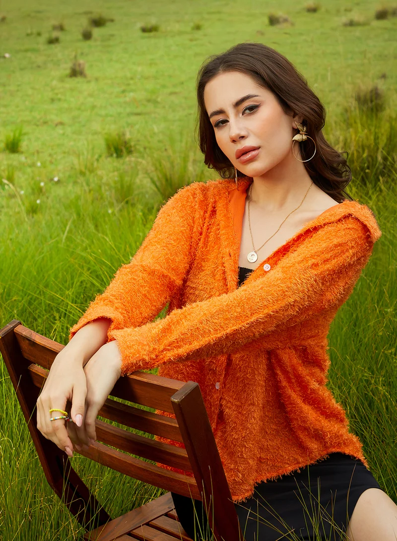Campus Sutra Women's Pumpkin Orange Sherpa Oversized Shirt