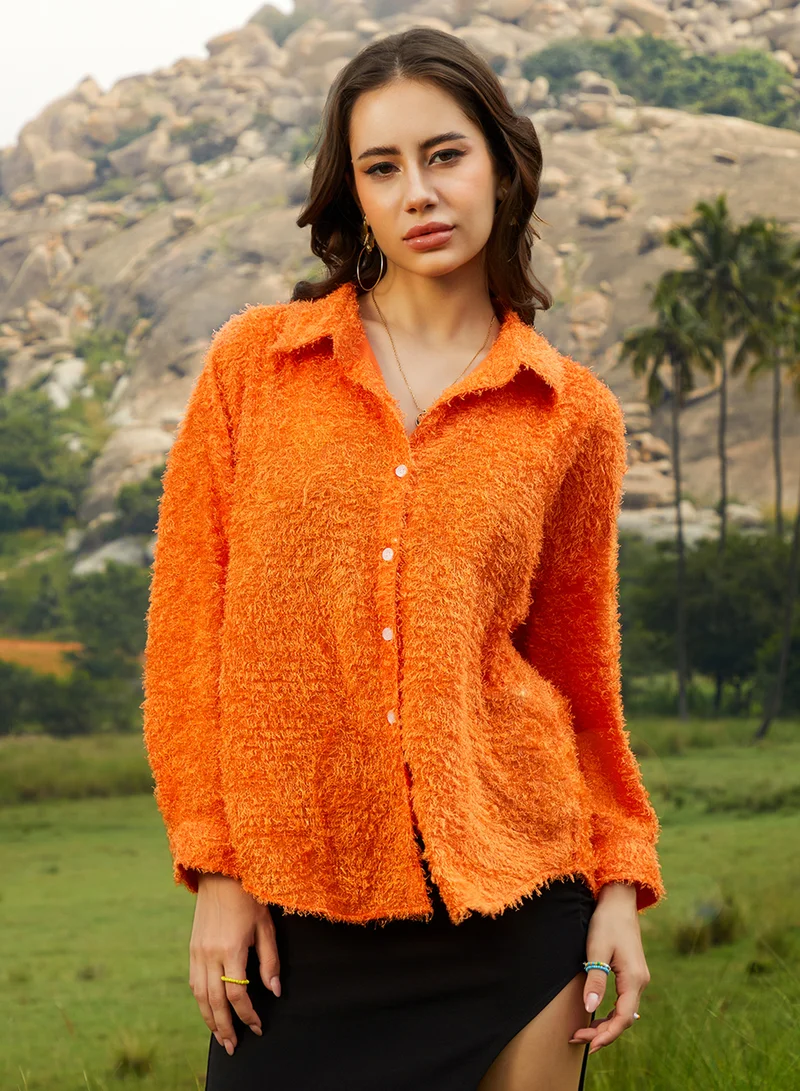 Campus Sutra Women's Pumpkin Orange Sherpa Oversized Shirt