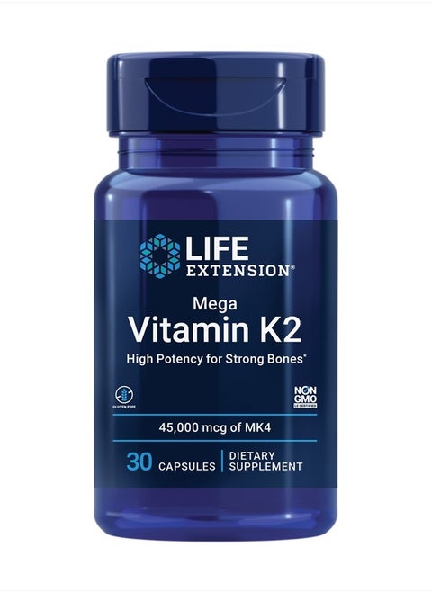 Mega Vitamin K2 High Potency for Strong Bones, clinically Studied 45 mg K2 Dosage, Promotes Healthy Bone Density, Gluten-Free, Non-GMO, 30 Capsules