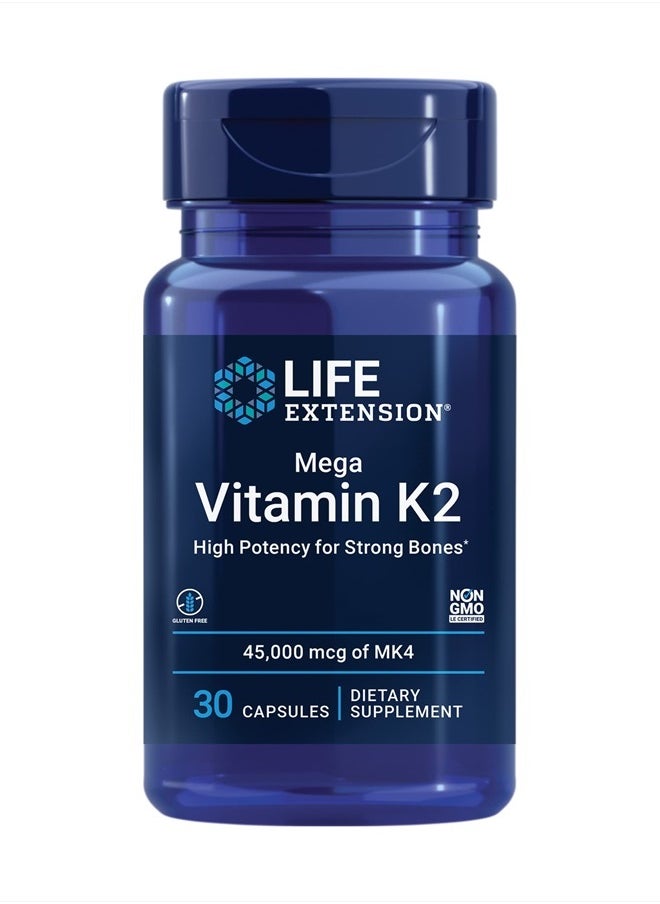 Life Extension - Mega Vitamin K2 High Potency for Strong Bones, clinically Studied 45 mg K2 Dosage, Promotes Healthy Bone Density, Gluten-Free, Non-GMO, 30 Capsules - Image 1