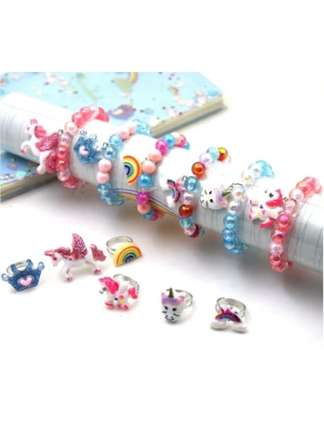 Unicorn Bracelet Ring Set for Girls 12 Pcs, Stocking Fillers for Girls Jewelry Set Shiny Rainbow Unicorn Crown Beaded Bracelet with Colorful Adjustable Rings  - Image 2