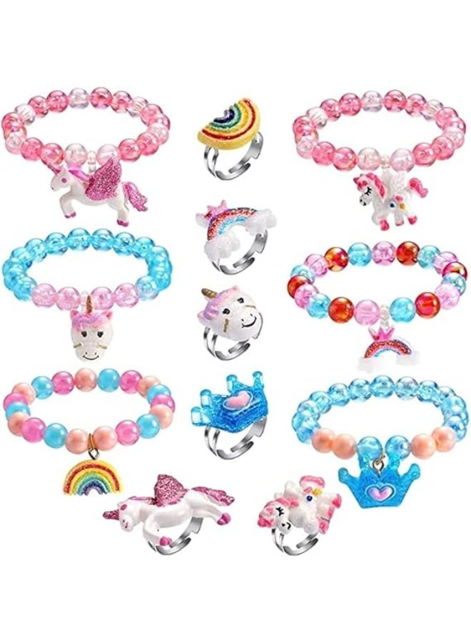 Unicorn Bracelet Ring Set for Girls 12 Pcs, Stocking Fillers for Girls Jewelry Set Shiny Rainbow Unicorn Crown Beaded Bracelet with Colorful Adjustable Rings  - Image 1