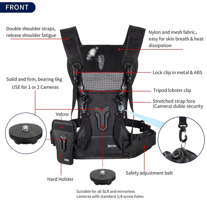 Micnova Sevenoak Dual Camera Harness, SK-MSP01 Multi Carrying Chest Vest System with Side Holster for Canon 6D 600D 5D2 5D3 Nikon D90 Sony A7S A7R A7S2 Panasonic Olympus DSLR Cameras Climbing Wedding Travel - Image 4