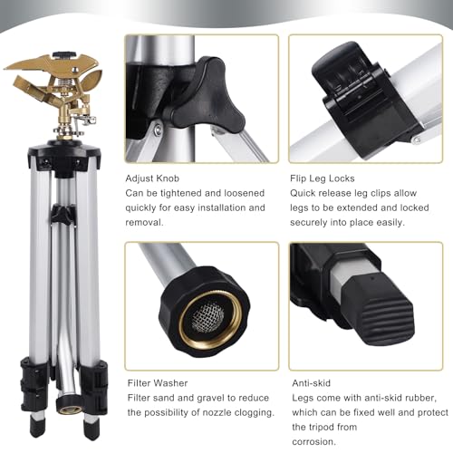 Biswing Large Impact Sprinkler Head on Tripod Base, Adjustable Zinc Alloy Lawn Sprinklers for Yard Lawn Garden, 3/4" NH Connector, 360 Degree Large Area Coverage Irrigator with Extension Legs, 2 Pack - Image 5
