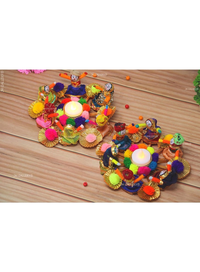 JH Gallery Recycled Material Rajasthani Raja Rani Puppet Dolls Decorative Tealight Candle Holder for Home Decor, Diwali Decoration, Multicolor (Pack of 2) - Image 1