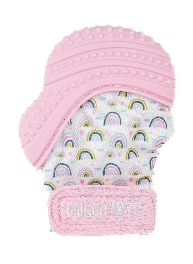 Malarkey Kids Malarkey Kids Patented Teething Mitten, Munch Mitt Baby Chew Toy - Protects Hands from Chewing & Saliva, Heals Aching Gums, Promotes Sound & Visual Stimulation for Babies - Pink Rainbow - Image 1
