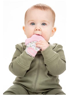 Malarkey Kids Malarkey Kids Patented Teething Mitten, Munch Mitt Baby Chew Toy - Protects Hands from Chewing & Saliva, Heals Aching Gums, Promotes Sound & Visual Stimulation for Babies - Pink Rainbow  - Image 2