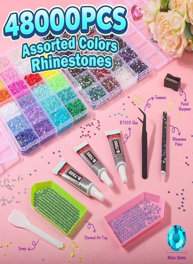 EgticLive 48 Colors Resin Jelly Rhinestones Bedazzling Kit, 48000Pcs 3mm Flatback Sparkling Gems with B7000 Jewelry Glue and Tools for DIY Crafts, Nail Art, Shoes Clothing Decor - Image 3