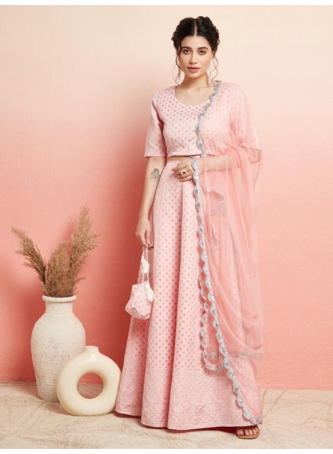 AKS Pink & Silver Jacquard Zari Work Lehenga Choli With Net Dupatta - Image 1