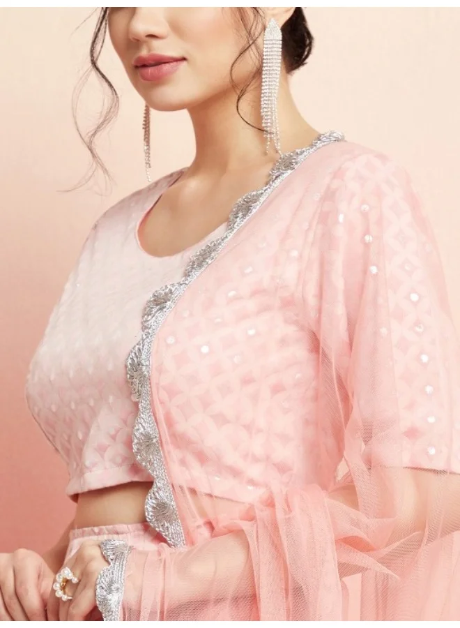 AKS Pink & Silver Jacquard Zari Work Lehenga Choli With Net Dupatta