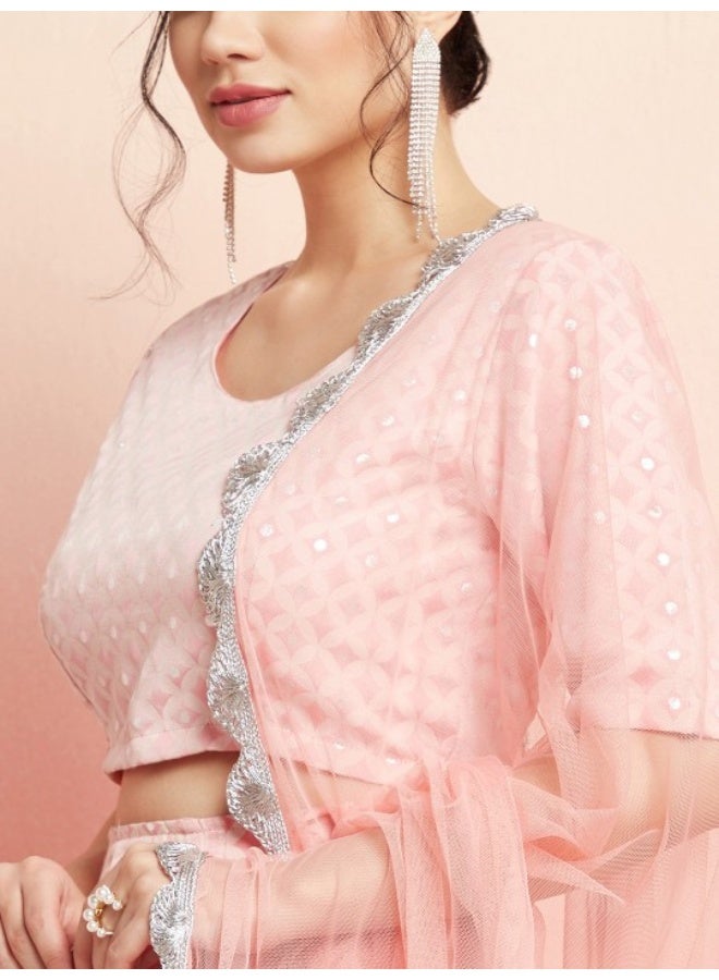 AKS Pink & Silver Jacquard Zari Work Lehenga Choli With Net Dupatta - Image 2