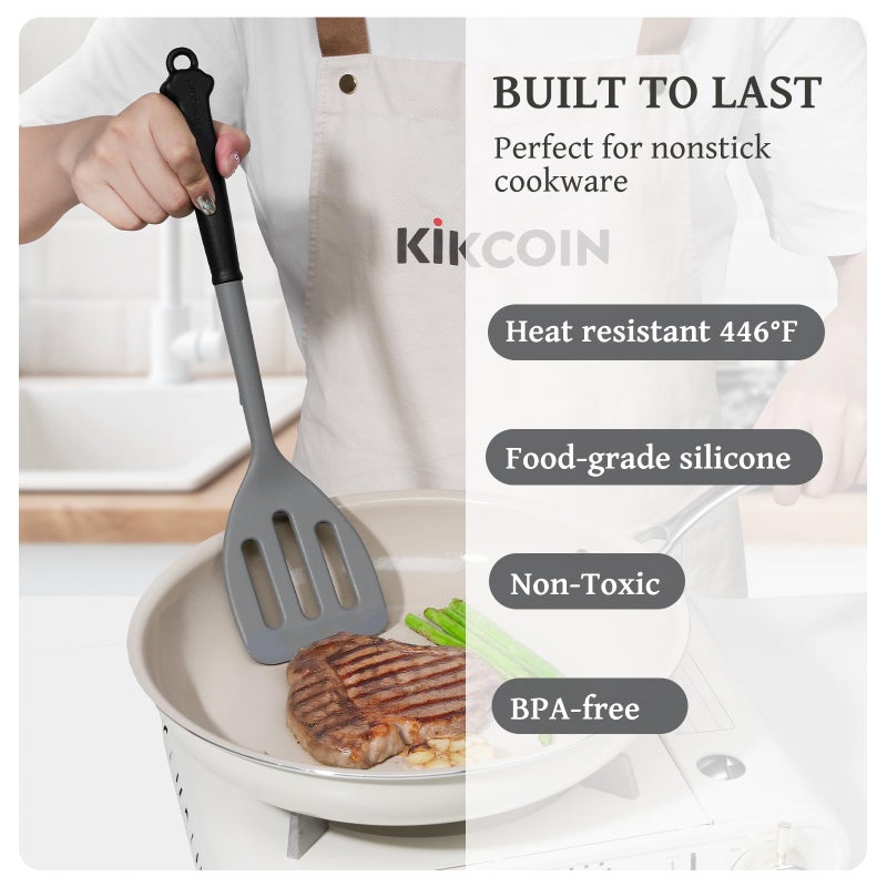 Kikcoin 43Pcs Large Kitchen Utensils Set - Silicone Cooking Utensils Set, Dishwasher Safe Spatula Set for Non-stick Cookware, 446Â°F Heat Resistant Kitchen Utensils Set with Holder BPA Free, Grey - Image 3