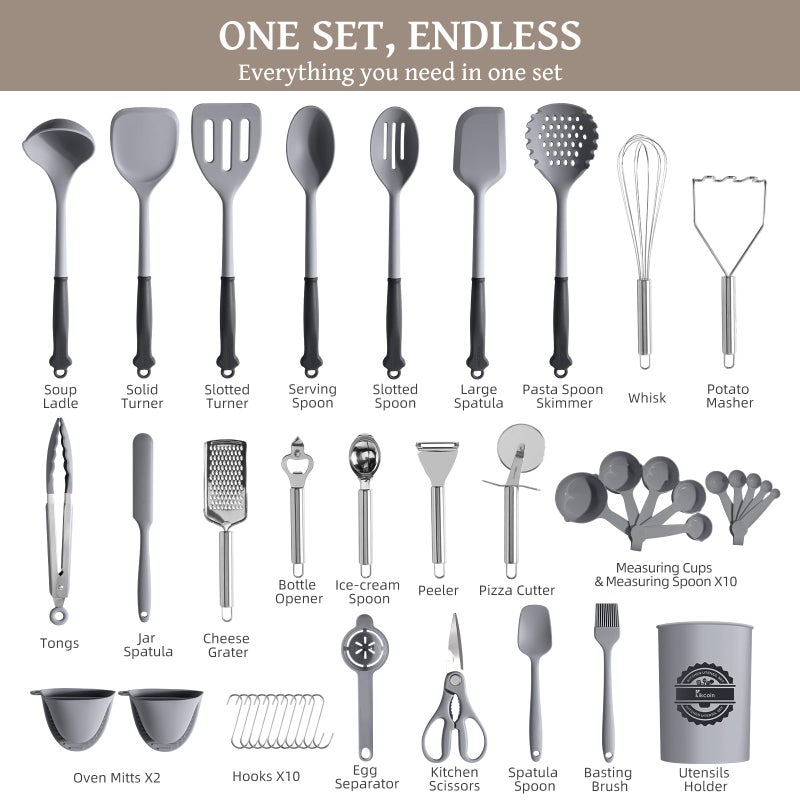 Kikcoin 43Pcs Large Kitchen Utensils Set - Silicone Cooking Utensils Set, Dishwasher Safe Spatula Set for Non-stick Cookware, 446Â°F Heat Resistant Kitchen Utensils Set with Holder BPA Free, Grey - Image 2