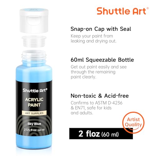 Shuttle Art 100 Colors Acrylic Paint, 2oz/60ml Bottles, Include 2 Sets of 12 Paint Brushes, 1 Art Sponge & Palette, Premium for Artists, Beginners & Kids on Canvas Rocks Wood Ceramic - Image 3