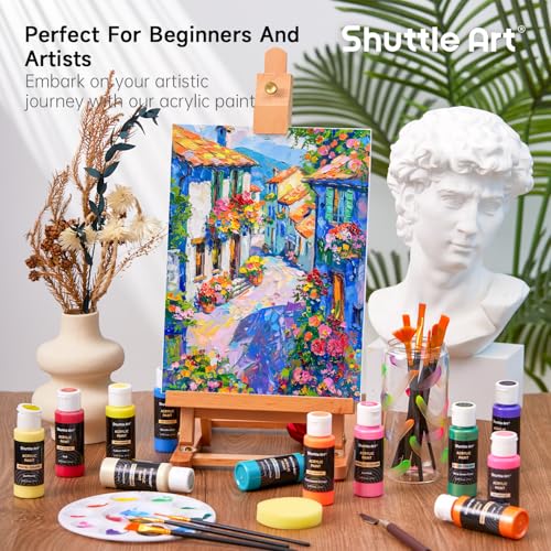 Shuttle Art 100 Colors Acrylic Paint, 2oz/60ml Bottles, Include 2 Sets of 12 Paint Brushes, 1 Art Sponge & Palette, Premium for Artists, Beginners & Kids on Canvas Rocks Wood Ceramic - Image 5
