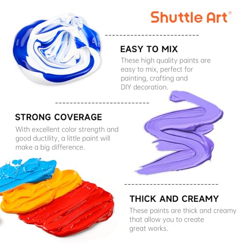 Shuttle Art 100 Colors Acrylic Paint, 2oz/60ml Bottles, Include 2 Sets of 12 Paint Brushes, 1 Art Sponge & Palette, Premium for Artists, Beginners & Kids on Canvas Rocks Wood Ceramic - Image 4