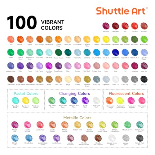 Shuttle Art 100 Colors Acrylic Paint, 2oz/60ml Bottles, Include 2 Sets of 12 Paint Brushes, 1 Art Sponge & Palette, Premium for Artists, Beginners & Kids on Canvas Rocks Wood Ceramic - Image 2