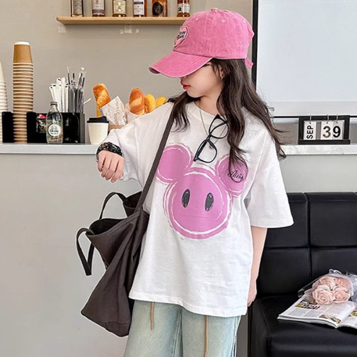 Grey Cartoon Pure Cotton Children'S T-Shirt Girls' Short-Sleeved Summer Big Kids Loose Princess Style Outer Wear Fashionable Top - Image 1