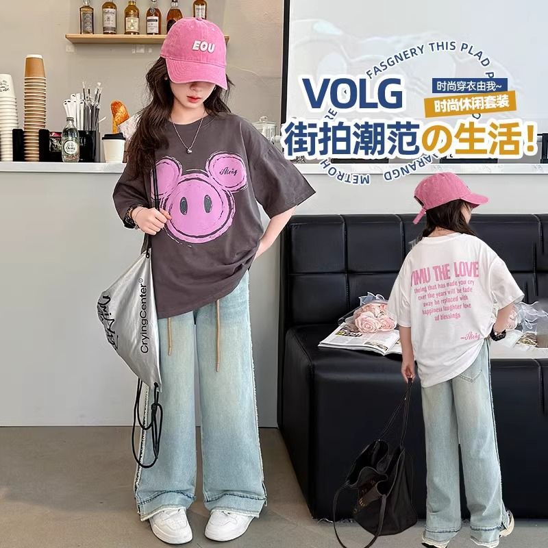 Grey Cartoon Pure Cotton Children'S T-Shirt Girls' Short-Sleeved Summer Big Kids Loose Princess Style Outer Wear Fashionable Top - Image 2