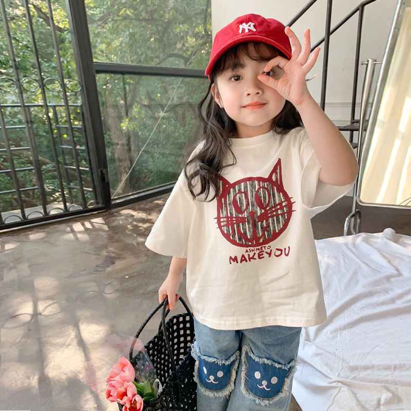 Grey Cartoon Pure Cotton Children'S T-Shirt Girls' Short-Sleeved Summer Big Kids Loose Princess Style Outer Wear Fashionable Top - Image 5