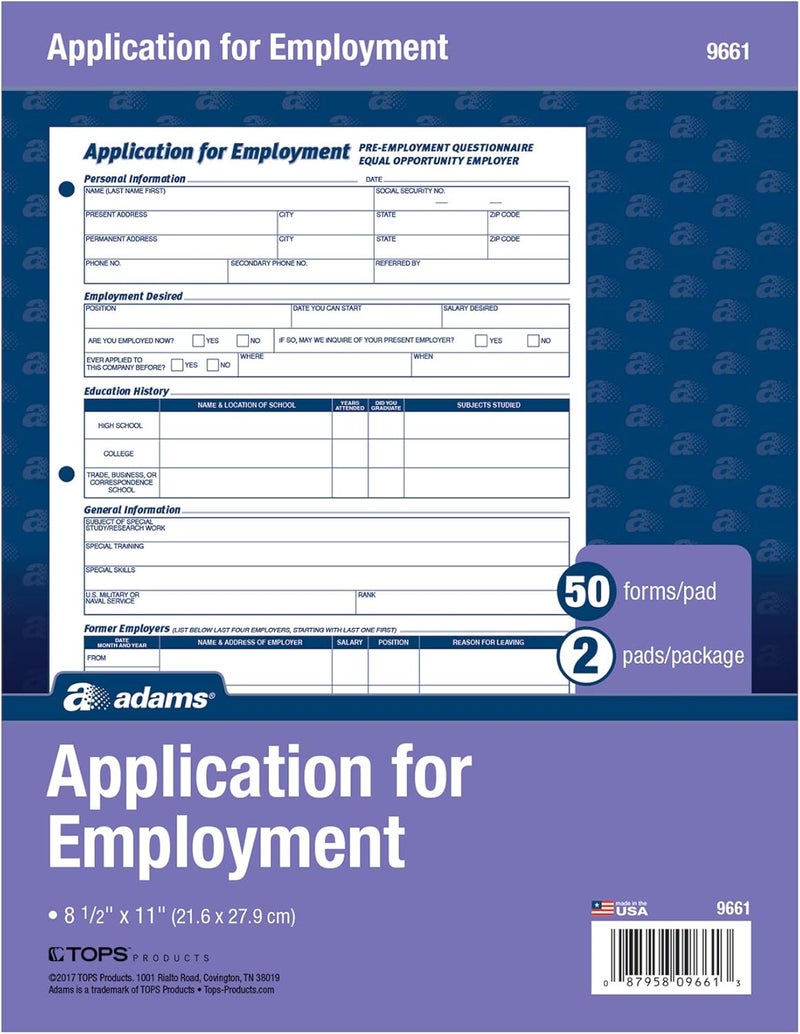 ADAMS Bilingual Employee Application, 8.5 x 11 Inches, White, 2-Pack (9661ES) - Image 1