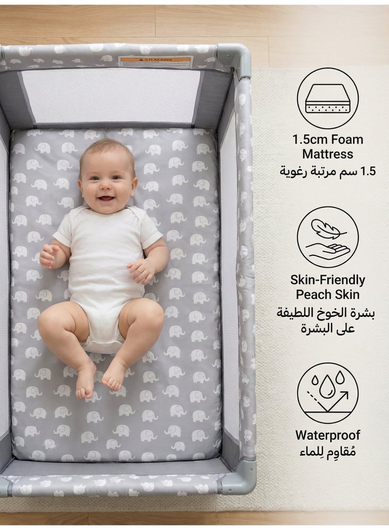 أم أكثر سرير أطفال 125×60 سم مع عجلات بفرامل، محبس مواليد قابل للطي مع باب جانبي وتصميم فيل لطيف، مهد متنقل بـ 3 جوانب شبكية وشنطة حمل - رمادي - Image 3