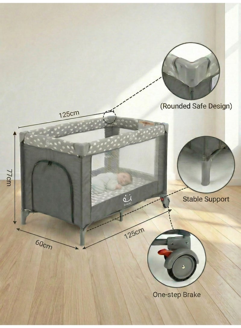 أم أكثر سرير أطفال 125×60 سم مع عجلات بفرامل، محبس مواليد قابل للطي مع باب جانبي وتصميم فيل لطيف، مهد متنقل بـ 3 جوانب شبكية وشنطة حمل - رمادي - Image 2