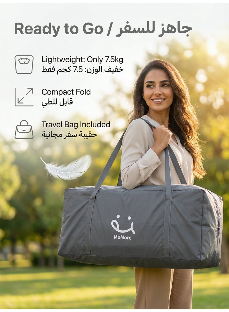 أم أكثر سرير أطفال 125×60 سم مع عجلات بفرامل، محبس مواليد قابل للطي مع باب جانبي وتصميم فيل لطيف، مهد متنقل بـ 3 جوانب شبكية وشنطة حمل - رمادي - Image 5