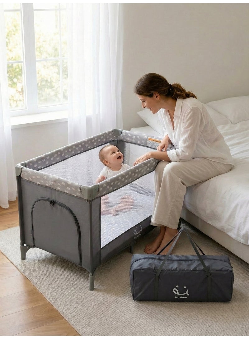 أم أكثر سرير أطفال 125×60 سم مع عجلات بفرامل، محبس مواليد قابل للطي مع باب جانبي وتصميم فيل لطيف، مهد متنقل بـ 3 جوانب شبكية وشنطة حمل - رمادي - Image 1
