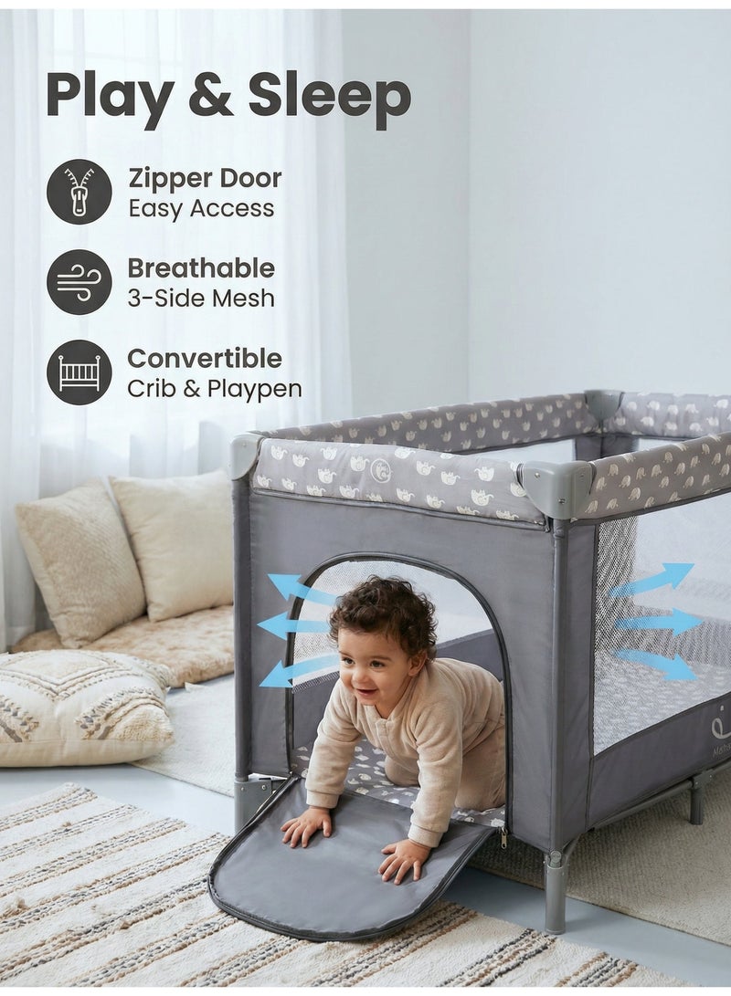 أم أكثر سرير أطفال 125×60 سم مع عجلات بفرامل، محبس مواليد قابل للطي مع باب جانبي وتصميم فيل لطيف، مهد متنقل بـ 3 جوانب شبكية وشنطة حمل - رمادي - Image 4