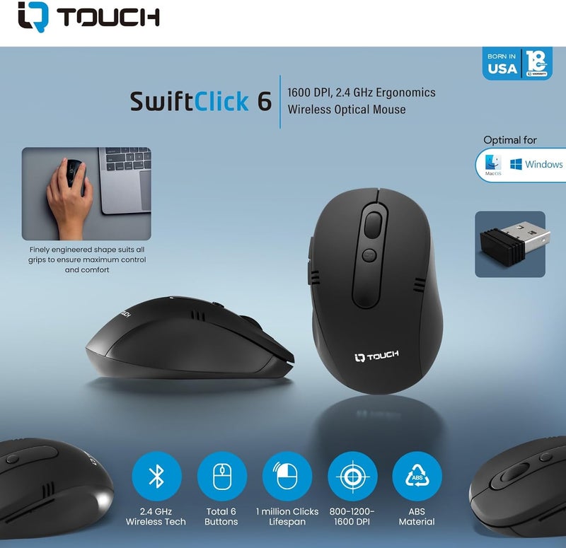 آي كيو تاتش فأرة IQ TOUCH اللاسلكية، فأرة بصرية مريحة 2.4 جيجاهرتز مع 6 أزرار، نقر صامت، عمر افتراضي مليون نقرة، مادة ABS، متوافقة مع الكمبيوتر المحمول والكمبيوتر الشخصي وMac والكمبيوتر اللوحي والكمبيوتر، SWIFTCLICK - Image 3