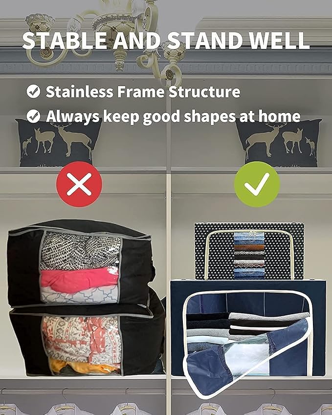 Epark Epark Clothes Storage Box Foldable Steel Frame Clothes Organizer Storage Box For Wardrobe Saree Shirts And Blankets66 Ltr Pack Of 1 Oxford Fabric Blue  - Image 3