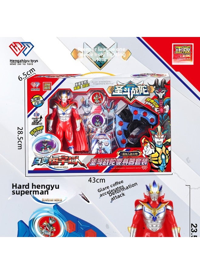 null - Authentic Holy Bucket Gyro Transformer Hengyu Superman With Soft Glue Cape Light Sound Effect 3 Years Old 6-12 Gift-Color:Holy Bucket Top + Superman Combination - Image 1