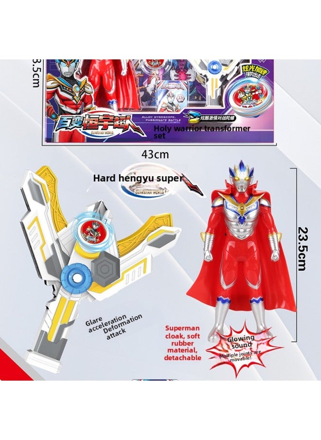 null - Authentic Holy Bucket Gyro Transformer Hengyu Superman With Soft Glue Cape Light Sound Effect 3 Years Old 6-12 Gift-Color:Holy Bucket Top + Superman Combination - Image 1