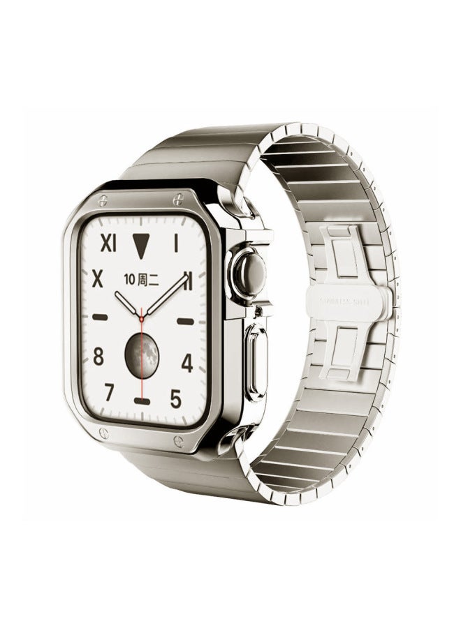 Metal Band For Apple Watch Ultra 8/7 Gen TPU Plated Shell Set Business Style Suitable For All Apple Watches Metal Bands-Color:Starlight Starlight Shell 46mm - Image 1