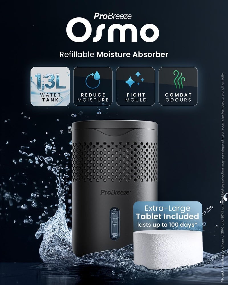 Pro Breeze Osmo® Dehumidifier - Silent & Refillable Moisture Absorber for Damp & Condensation at Home, Bedroom, Wardrobe, Car - Bathroom Mould Remover with 700g Refillable Tablet - Black - Image 2