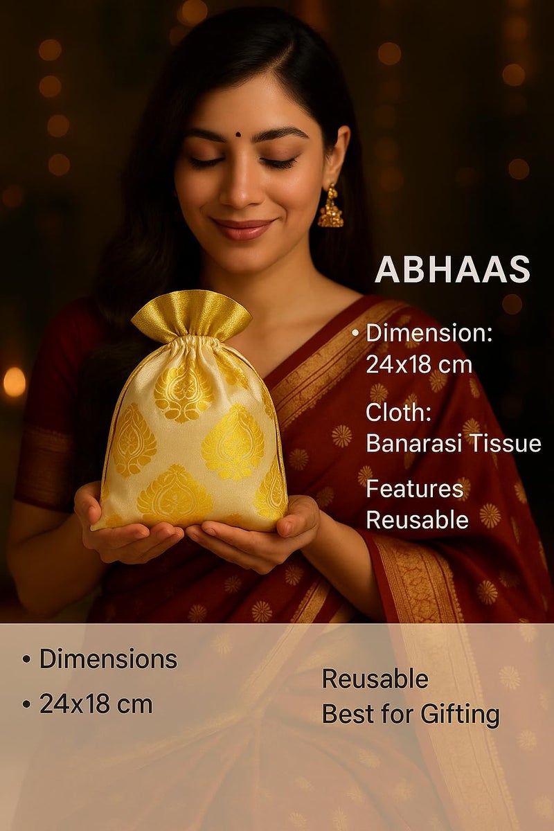 Abhaas 20PCS Drawstrings Potli Bag for Gifting | 23X18CM | for Ladies Wedding, Party Bag Potli Leaf Print for Women Kitty Parties Reusable Return Gift Purpose, Shagun Pouch, Candy Bags - Image 3