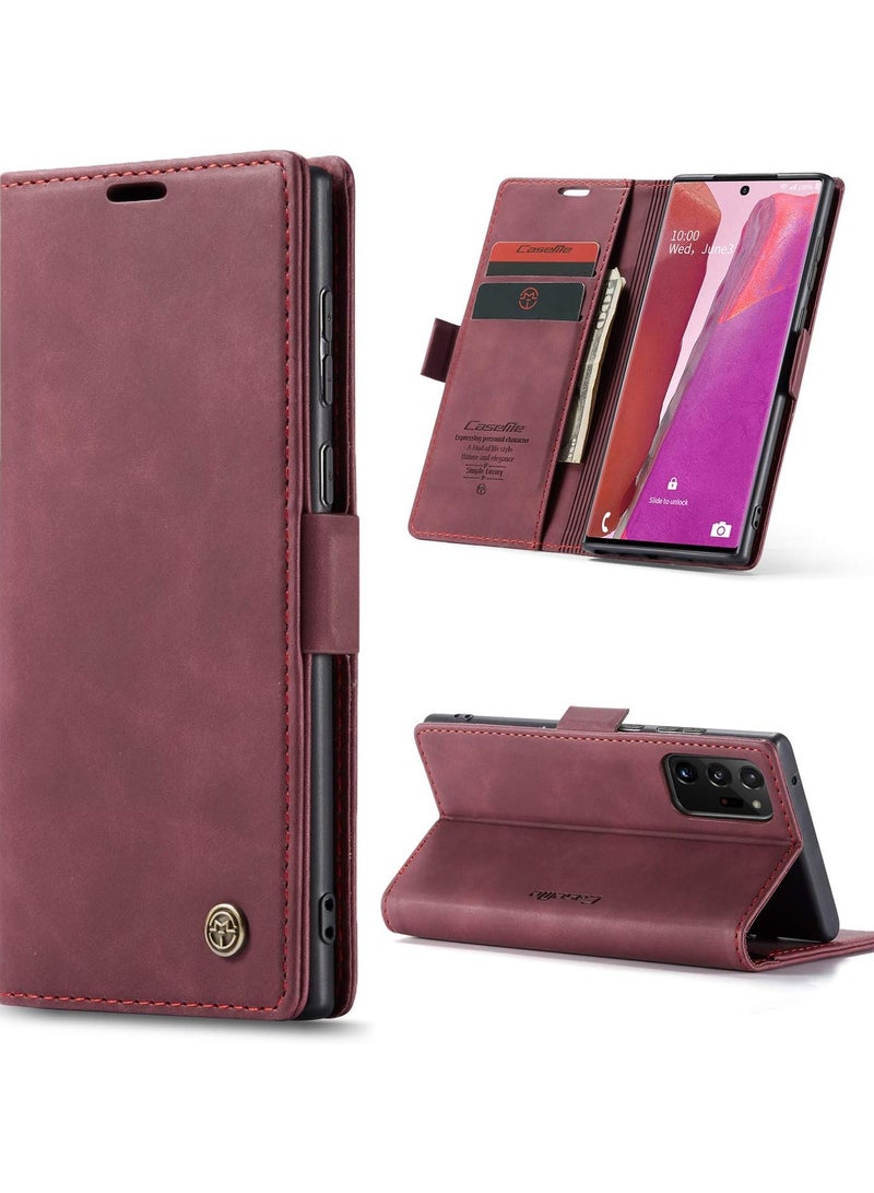 CaseMe Phone Case Luxury PU Leather Design 013 Flip Cover Card Slot Holder Cover For Samsung Galaxy Note 20 Ultra (Wine Red)  - Image 1